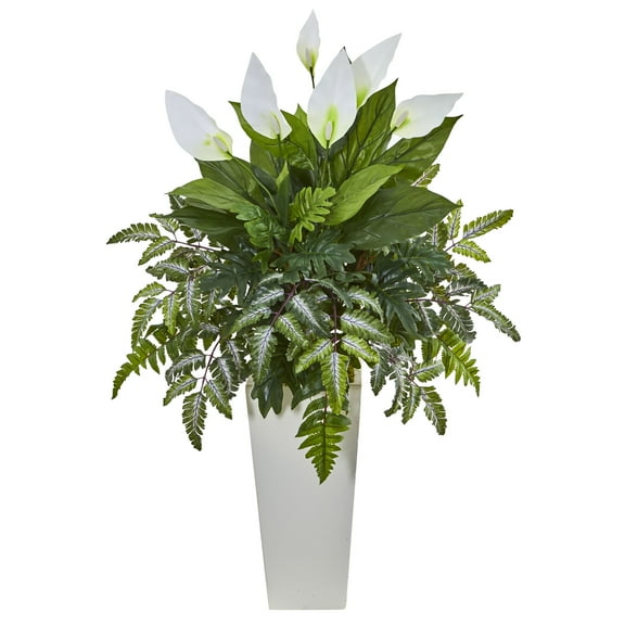 Nearly Natural 3' Plastic/Polyester Green Mixed Spathiphyllum Artificial Plant in White Vase