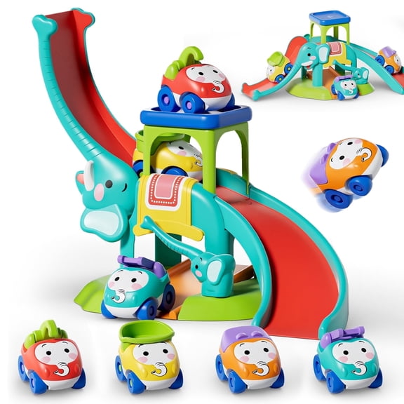 Toy Car for Kids, 5 in 1 Elephant Slide & Parking with 4 Push and Go Toy Cars, Toys for 2-3 Year Old, Toddler Toy Car, Learning Educational Toys for Boys Girls Best Birthday Gifts