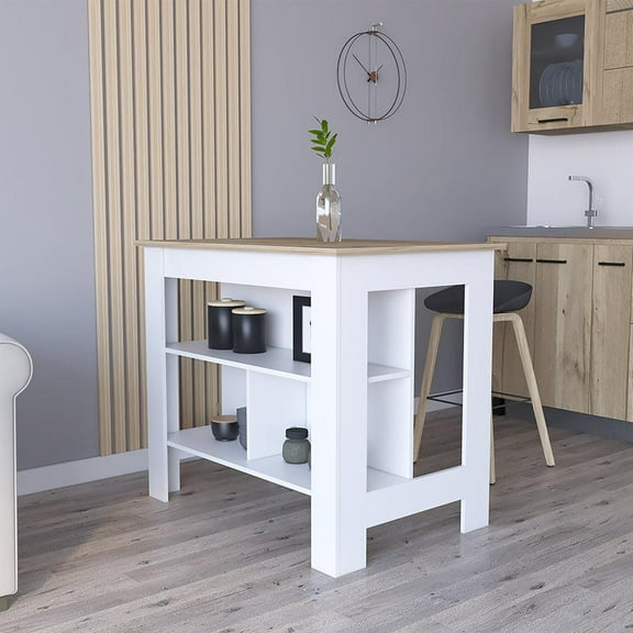 We Have Furniture Kitchen Island Antibacterial Dozza,Three Shelves, Light Oak / White Finish