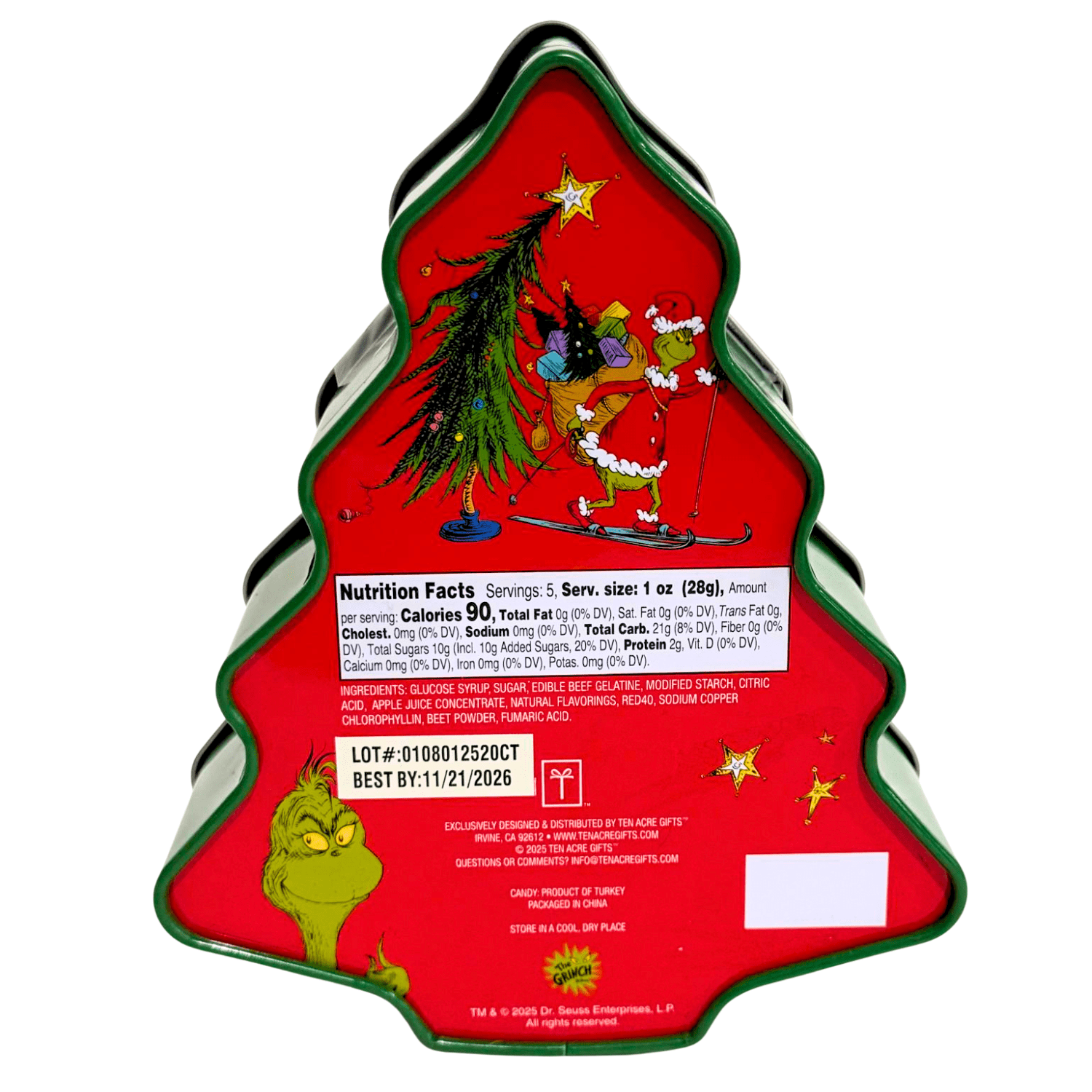 The Grinch Christmas Tree Tin with Strawberry and Green Apple Sour Star Candies, 5 oz