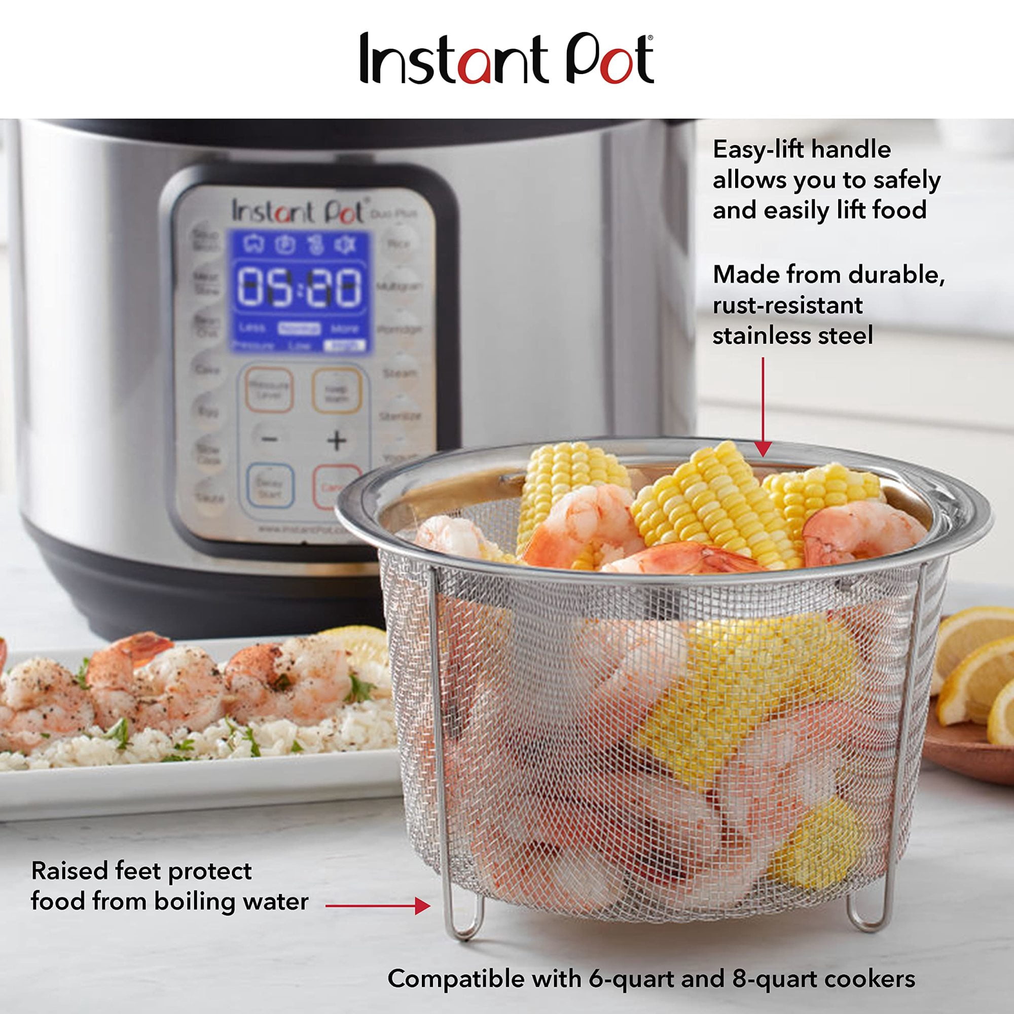 Instant Pot Official Large Mesh Steamer Basket Set of 2 - Stainless Steel, Multi-Purpose Steamer & Strainer for Vegetables, Fish, Meat & More - Rust-Resistant, Easy-Lift Handle, Dishwasher Safe