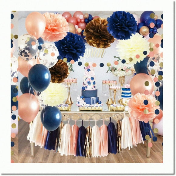 Navy Rose Gold Celebration Kit: Milestone Birthday, Gender Reveal, Bridal Shower, Wedding, Bachelorette - Decorations & Balloons