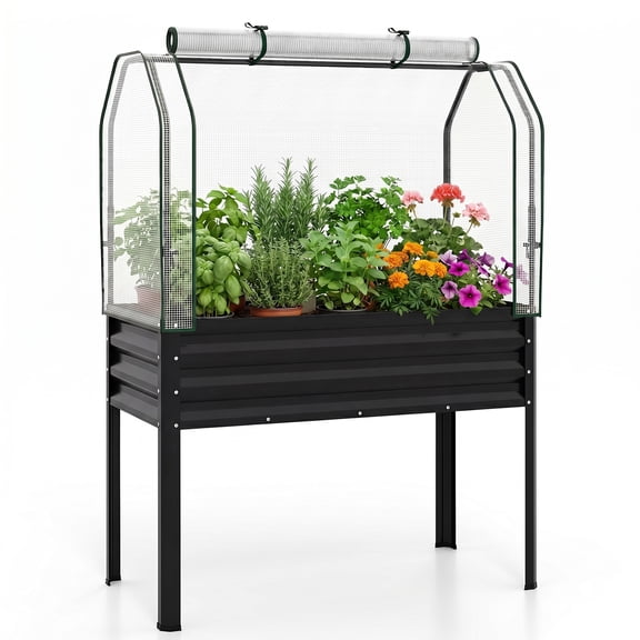 ELLEGNT 1 PCS Galvanized Planter Box with Greenhouse Cover – Raised Garden Bed with Legs and Roll-up Door for Vegetable, Black