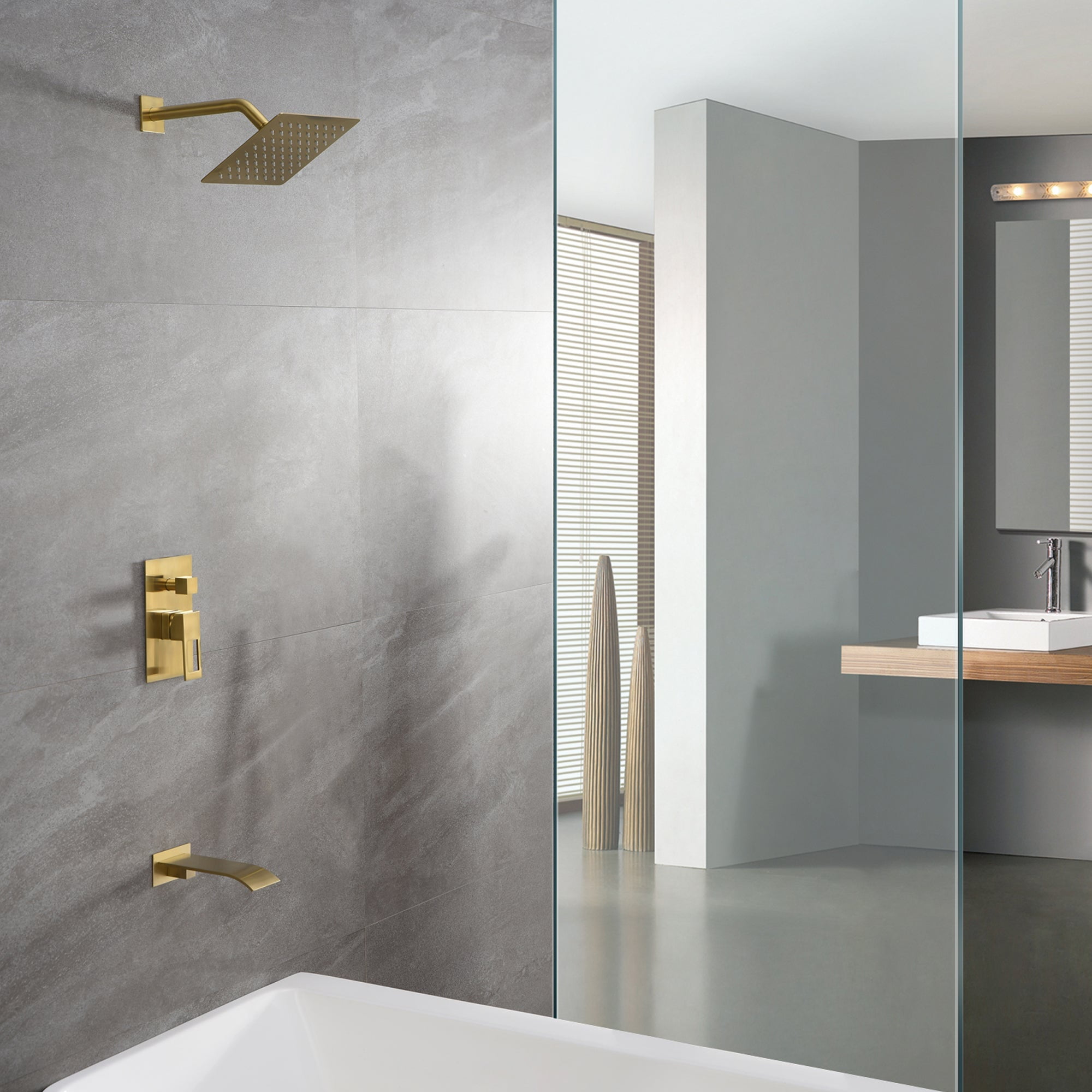 Brushed Gold Tub Shower Faucet with Waterfall Tub Spout and Pressure Balance Valve
