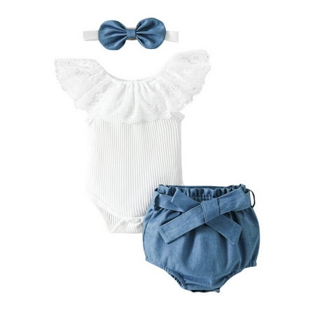 

Arvbitana 0-12 Months Baby Girl Summer Rompers Set Lace Ribbed Sleeveless Jumpsuit and Casual Ruffled Shorts Headband 3Pcs