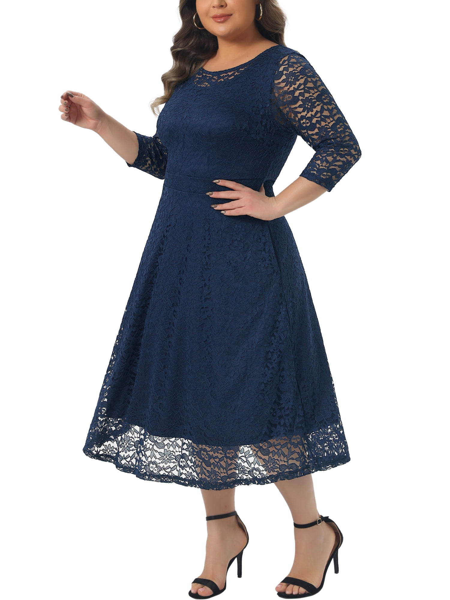 DARING DIVA Women's Plus Size Floral Lace 3/4 Sleeves Pocket Cocktail Dress 2X Navy Blue