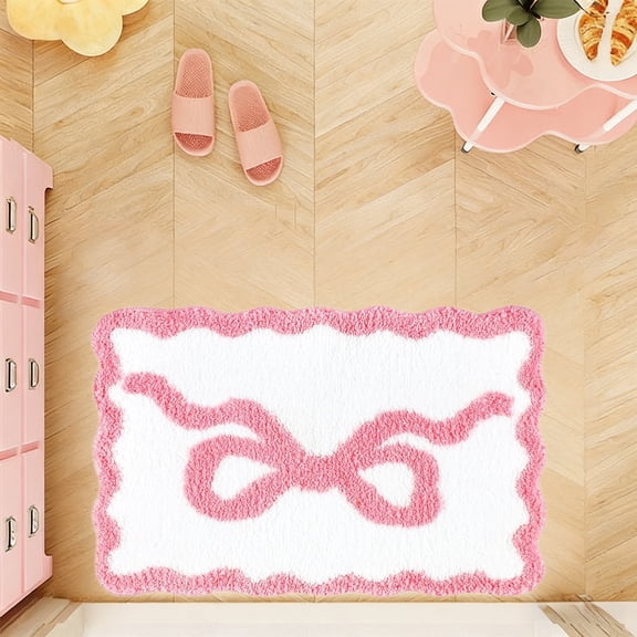 Pink Bow Bathroom Rug 15.7 x 23.6 in Scalloped Bow Bath Mat Non Slip Cute Aesthetic Carpet Preppy Room Decor Absorbent Bathroom Mat for Valentines Bathtub Shower Bedroom(A)