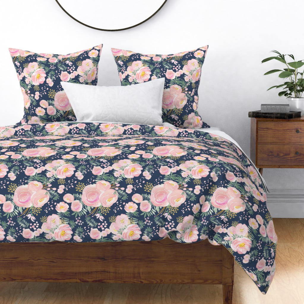 Navy Floral Pink Watercolour Flowers Bunches Sateen Duvet Cover By
