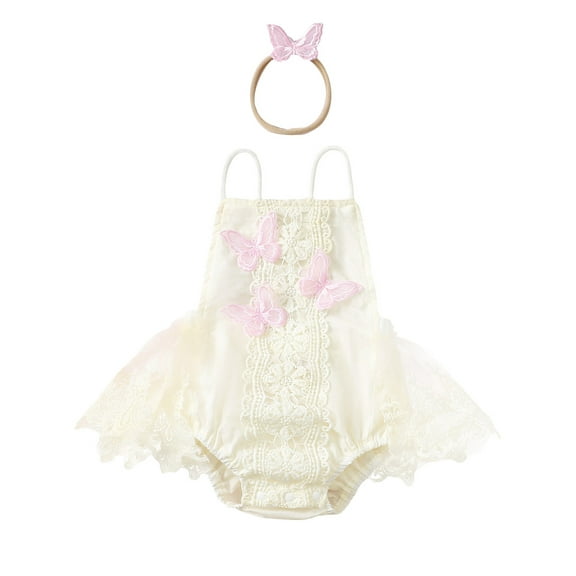 Mevireiy Baby Girls Boho Lace Embroidery Halter Romper Dress Tulle Backless Bodysuit,Beige,12-18 Months