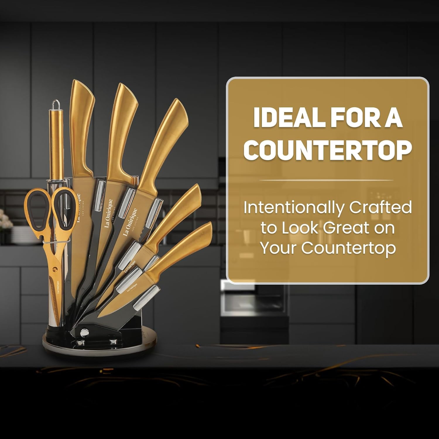Luxury Silver & Gold Kitchen Knife Set with Block & Sharpener – 8-Piece -Coated Stainless Steel Knives, Super  Cutlery Tools for Home Cooking
