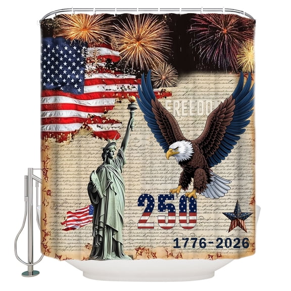 Anniversary USA Flag Bathroom Shower Curtains with 12 Hooks Waterproof Shower Curtain for Stalls and Bathtubs American Eagle Statue of Liberty Decorative Bathroom Privacy Curtain 72x72 Inches