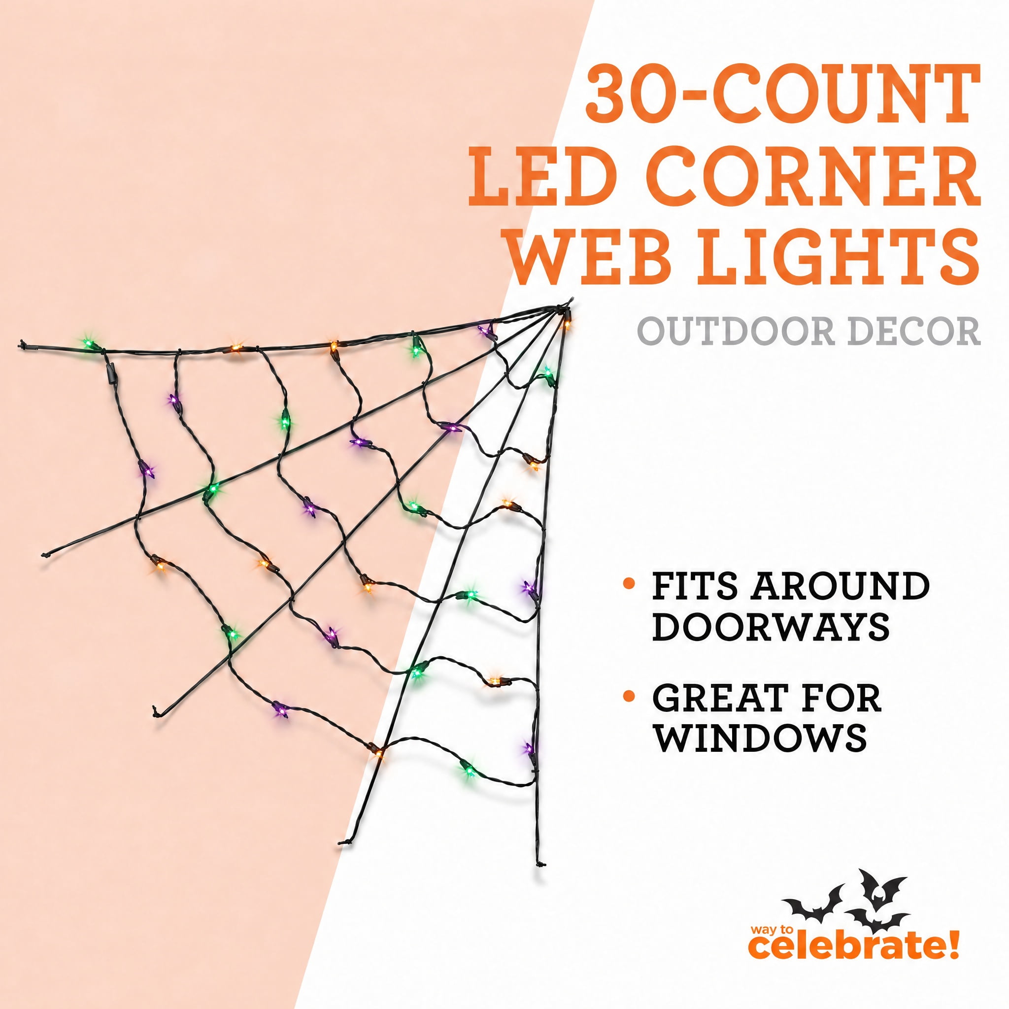 Indoor/Outdoor 30-Count LED Corner Web Lights, Multicolor, 30" x 30", Halloween by Way To Celebrate