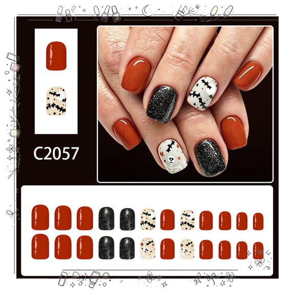 Tryvkinvive 24PCS Halloween Spooky Short Square Press On Nails Bat Skull Pattern Glitter False Nails Reusable Fake Nails for Halloween Party