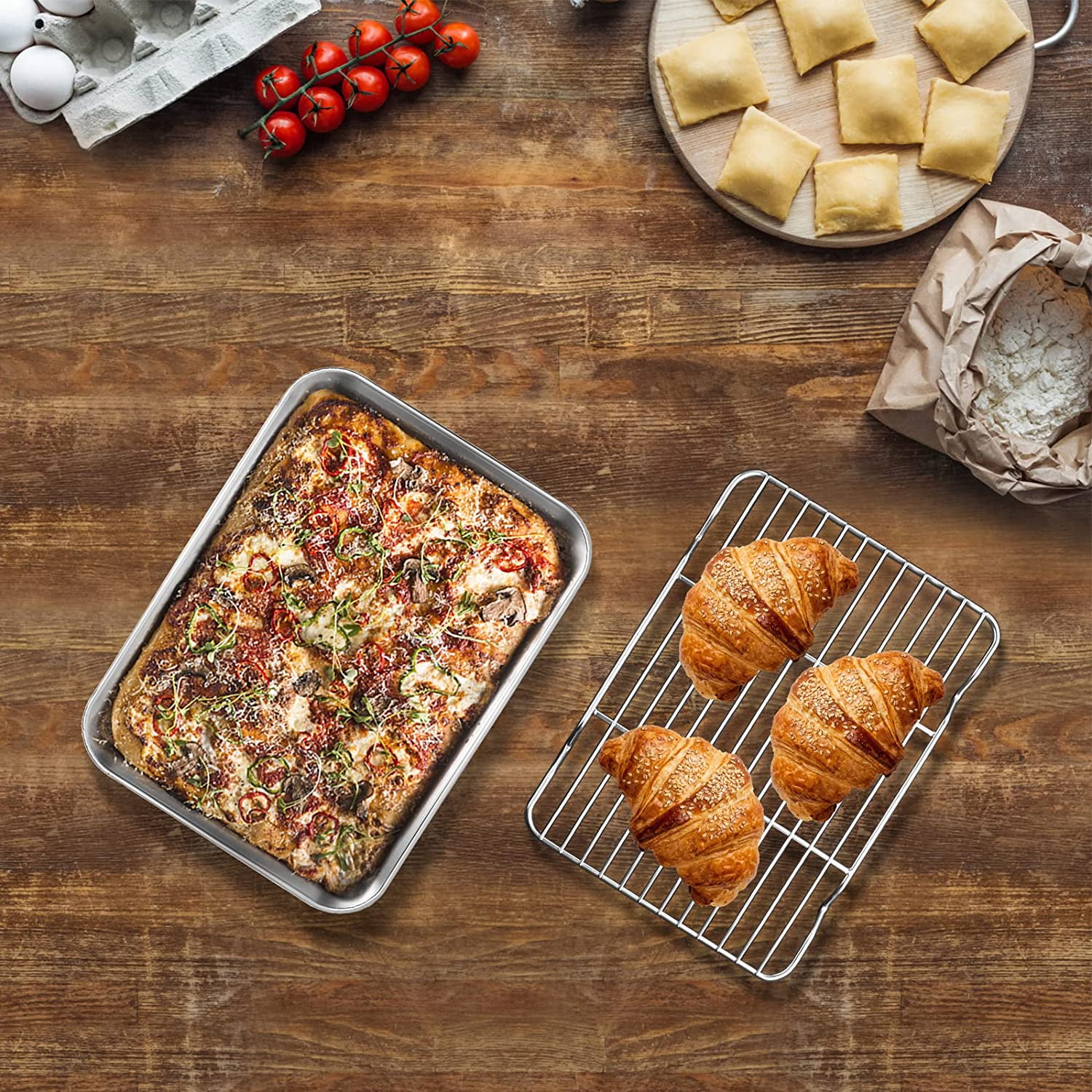 Stainless Steel Baking Sheet with Rack Set [1 Pans + 1 Racks], Cookie Sheet with Cooling Rack, Cookie Pans for Roasting Grilling,Size 10.4"x 8" , Non Toxic & Heavy Duty & Easy Clean,Dishwasher Safe
