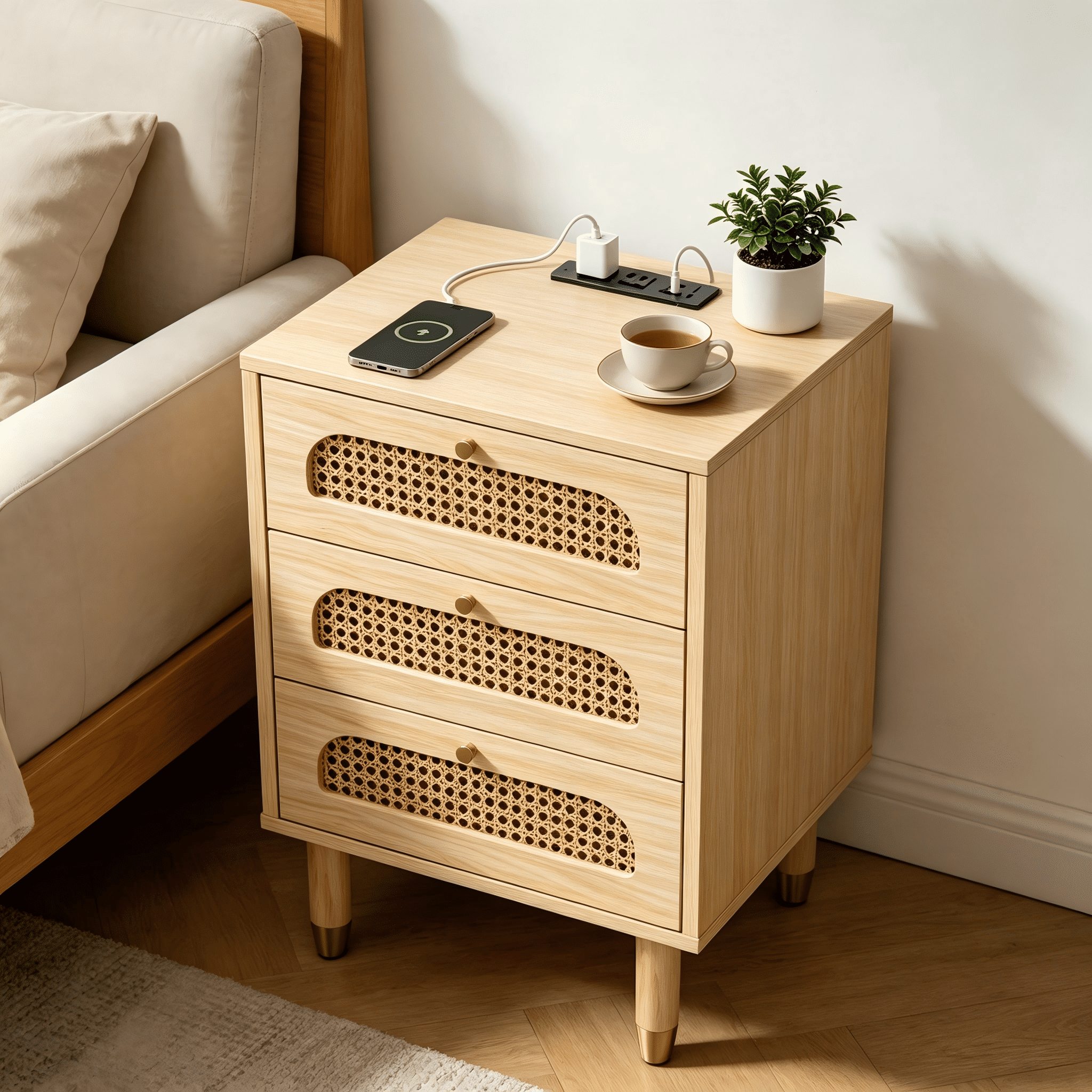 3-Drawer Rattan Nightstand, Bedside Table with Outlet & Dual USB Ports, Solid Wood Legs, Compact Storage Cabinet for Bedroom Living Room Office