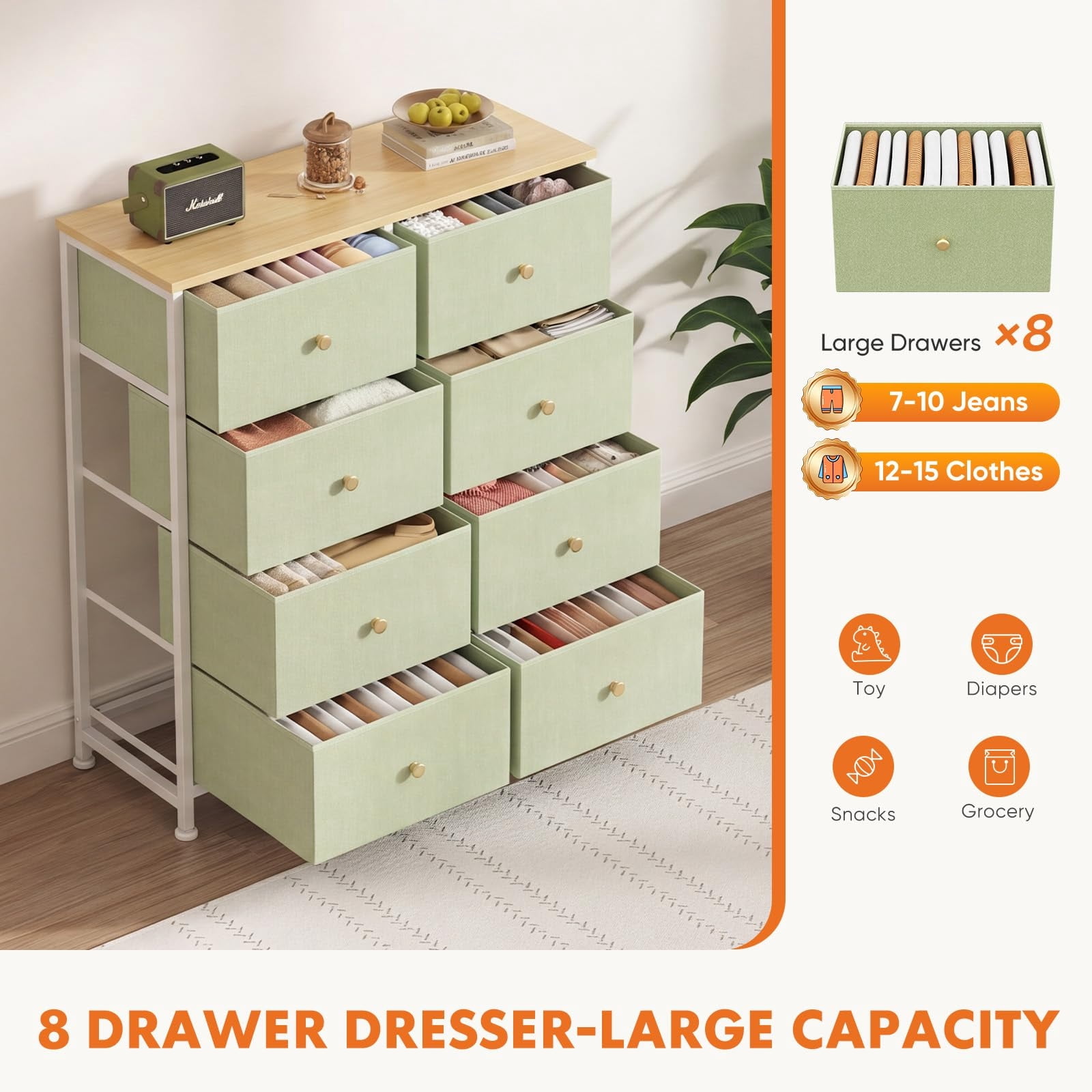 Telyra 8-Drawer Fabric Dresser Tall Storage Tower with Wood Top and Steel Frame Bedroom Closet Organizer, Light Green