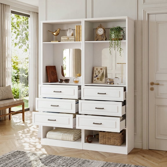 Homieasy 50'' W Modular Closet Storage System Set of 2, Walk-in Closet System with 6 Wooden Drawers and 2 Mirror, White