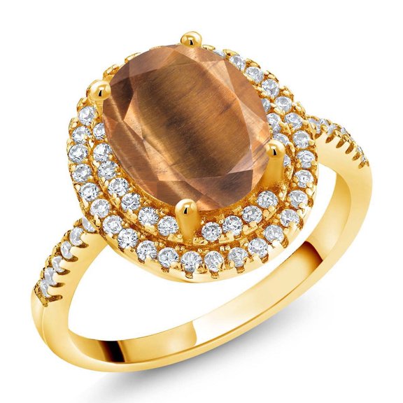 Gem Stone King 18K Yellow Gold Plated Silver Ring Tiger Eye Moissanite (1.93 Cttw)