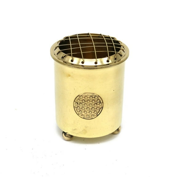 Flower of Life Gold Engraved Brass Resin Incense Burner with Removable Screen