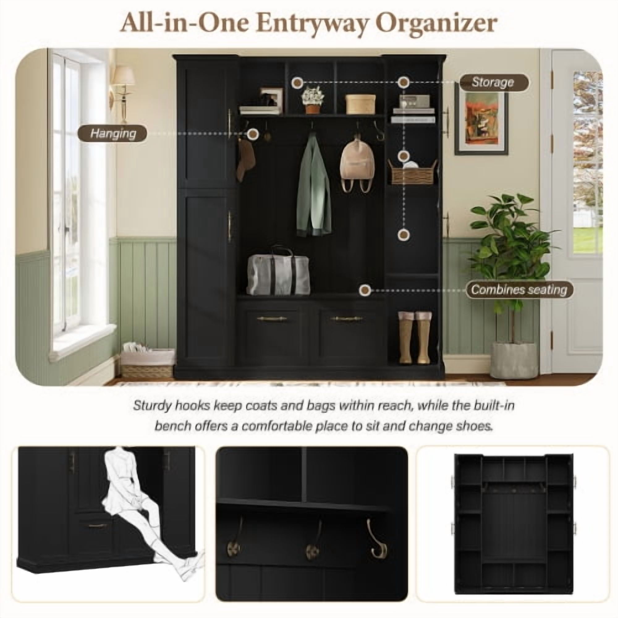 Farmhouse Hall Tree with Bench, Beadboard Back Panel, 4 Side Cabinets, Adjustable Shelves, Open Cubbies, Coat Rack & 5 Hooks, Entryway Mudroom Furniture, Black