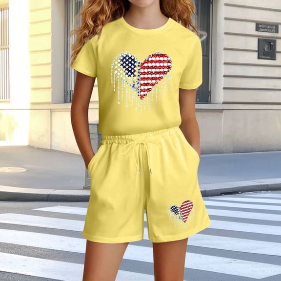 Girls Yellow USA Flag Heart Rhinestone Drip T-Shirt and Shorts Set Patriotic Summer Outfit for 4th of July 3-14Y,Size 13-14 T