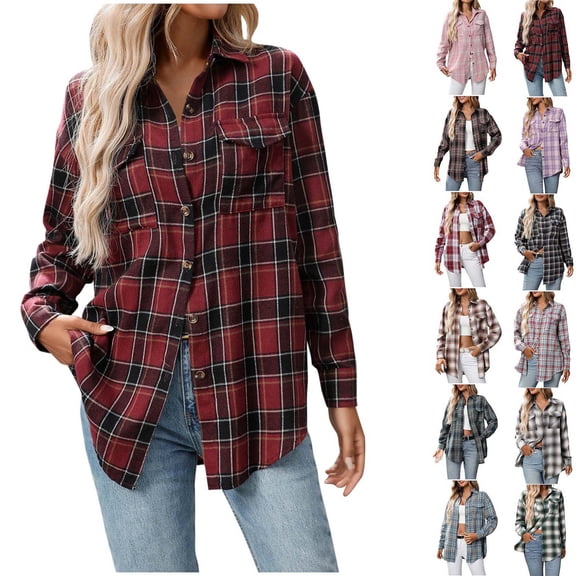 Sevevn Womens Plaid Flannel Shacket Button Down Long Sleeve Casual Jackets Coats Fall Plus Size Baggy Shirts Wine XL