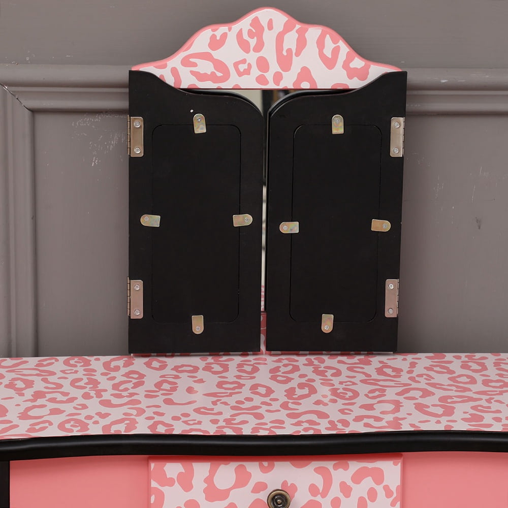 Paproos Kids Vanity with Mirrors and Stool, Pretend Play Kids Vanity Set with Tri-folding Mirror, Drawer, Princess Makeup Vanity Desk, Toddler Vanity Dressing Table for Little Girls 3+, Pink Leopard