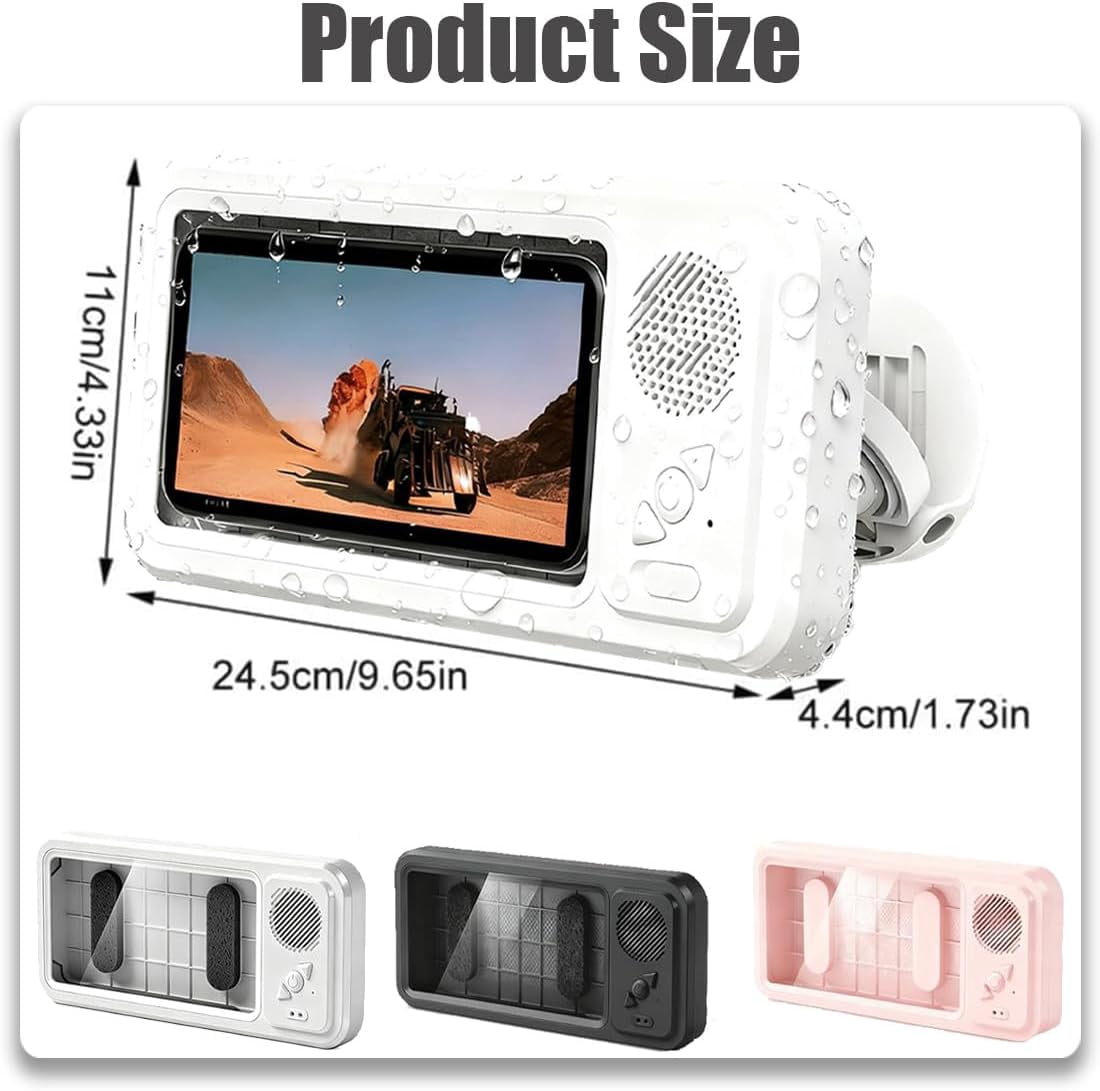 LOUQIBINE Shower Phone Holder with Bluetooth Speaker, 100% Waterproof and Fog-Proof Design, 360° Rotation Mount for Bathroom Use, Compatible with Phones Under 9 Inches