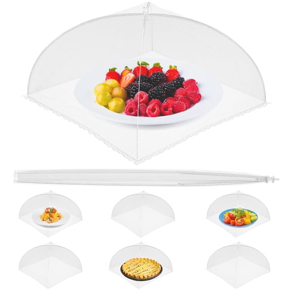 Collapsible Mesh Food Covers for Outdoors 6 pcs, 17" x 17" White Food Umbrella Mesh Cover with Stainless Steel Framework, Washable Camping Food Tent, Party, BBQ, Picnic Food Covers for Outside
