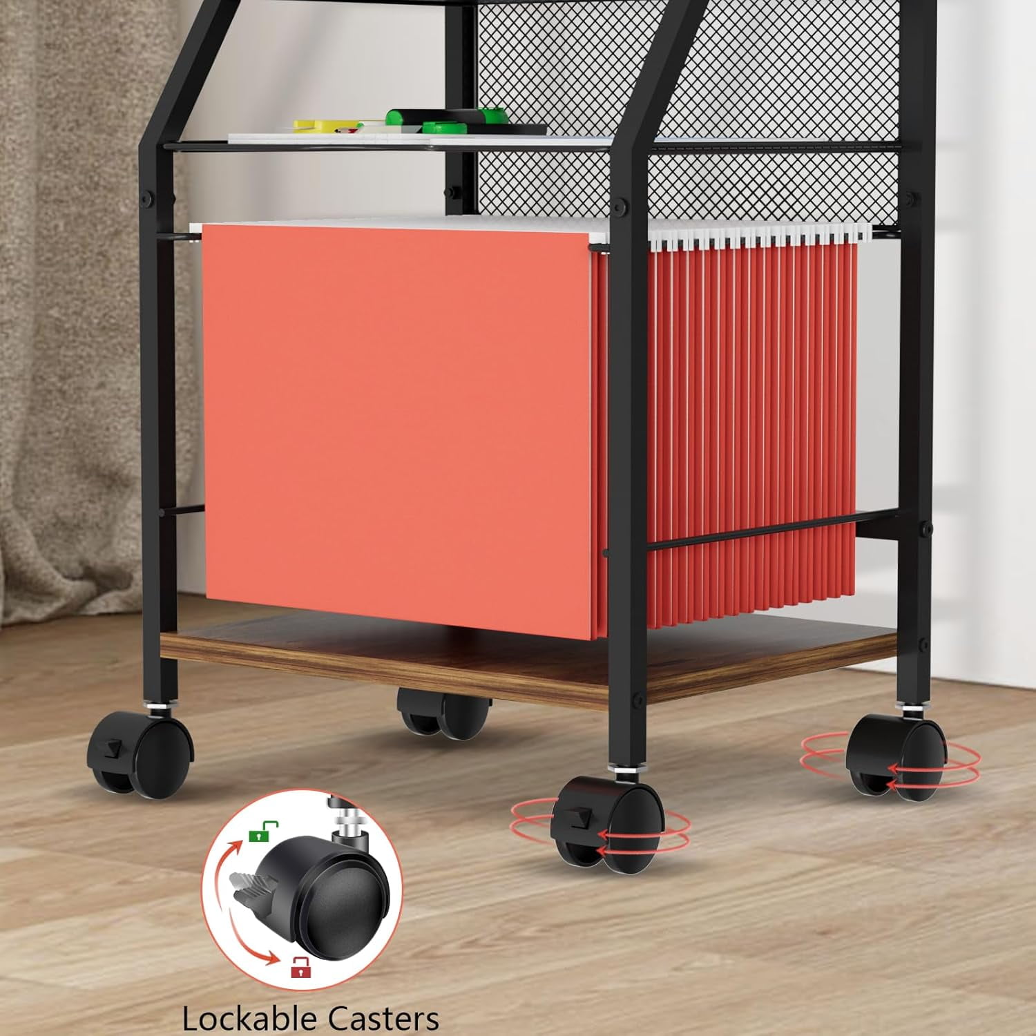 Rolling File Cart, 6 Tiers Under Desk Organizer on Wheels, Wood Planks and Mesh Cart with Hanging File Folders Rack and Paper Trays, Black