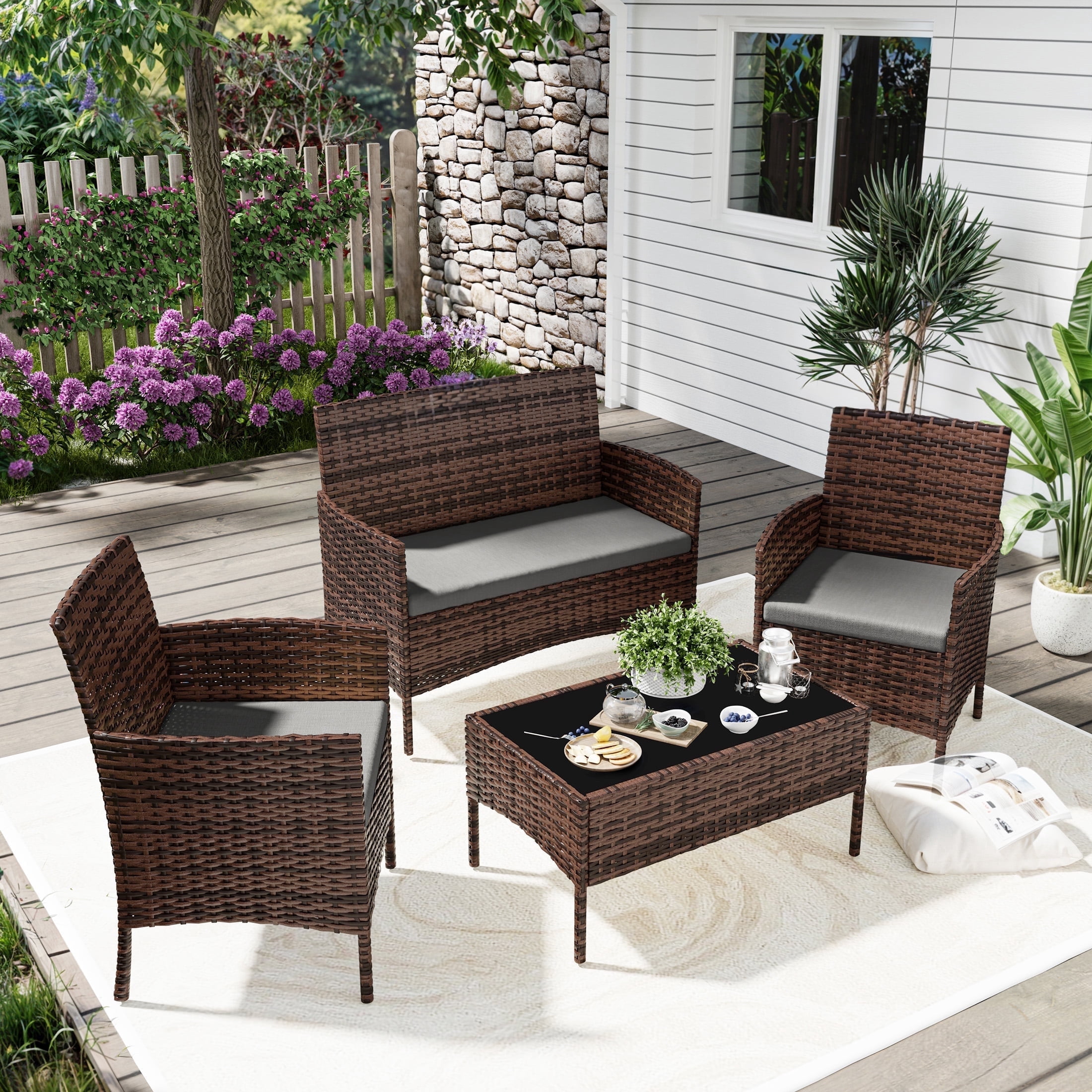 UDPATIO 4 Pieces Outdoor Patio Furniture,Sectional Conversation Sets,Brown PE Rattan Patio Chairs with Table and Loveseat for Balcony, Porch, Backyard,（Gray Cushion）