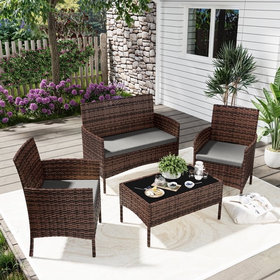 UDPATIO 4 Pieces Outdoor Patio Furniture,Sectional Conversation Sets,Brown PE Rattan Patio Chairs with Table and Loveseat for Balcony, Porch, Backyard,(Gray Cushion)