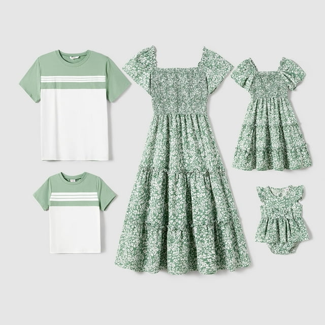 PatPat Tenues Assorties pour la Famille Robes Maxi Imprimé Floral Intégral Robes Smockées et Robe en Coton à Rayures Colorblock Femme TG