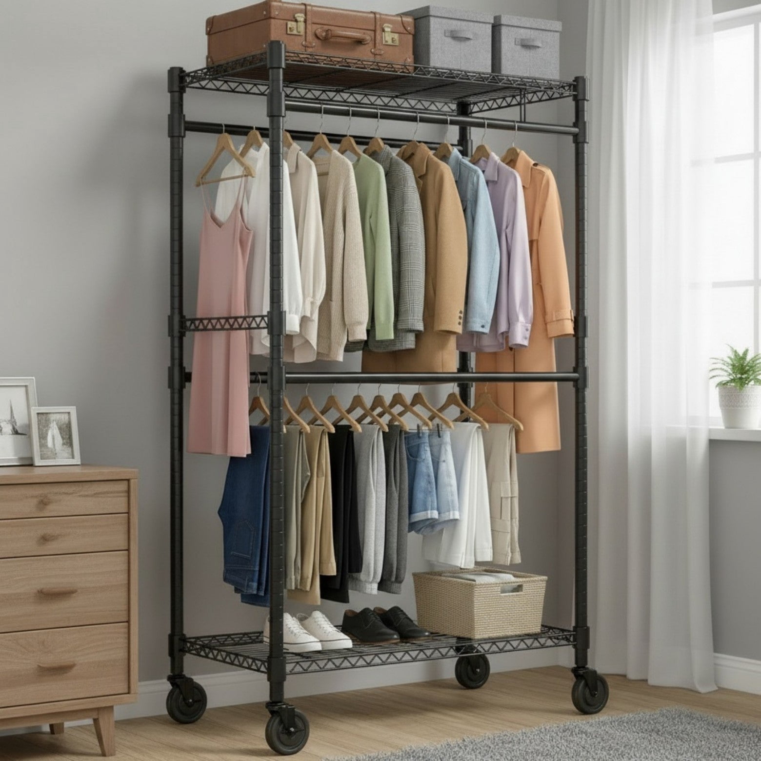 Sailvan Heavy Duty Rolling Clothing Rack, 300LBS Capacity Garment Rack with 4 Hanging Rods & 2 Shelves, Portable Closet, 35.5"W x 80"H,Black