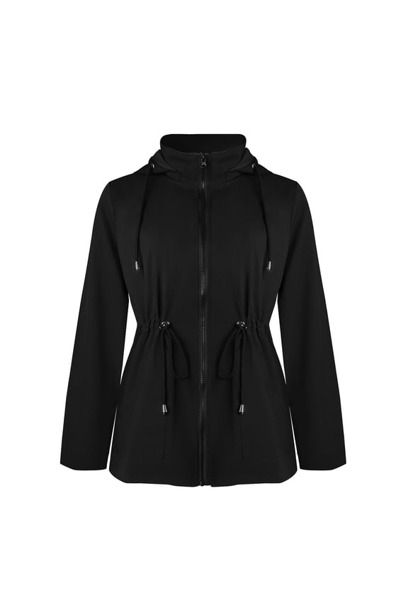 Women's Basic Military Jacket Zip Up Snap button Hooded Safari Utility with Pocket Waterproof Sports Jacket Windbreaker Drawstring Waist Black M