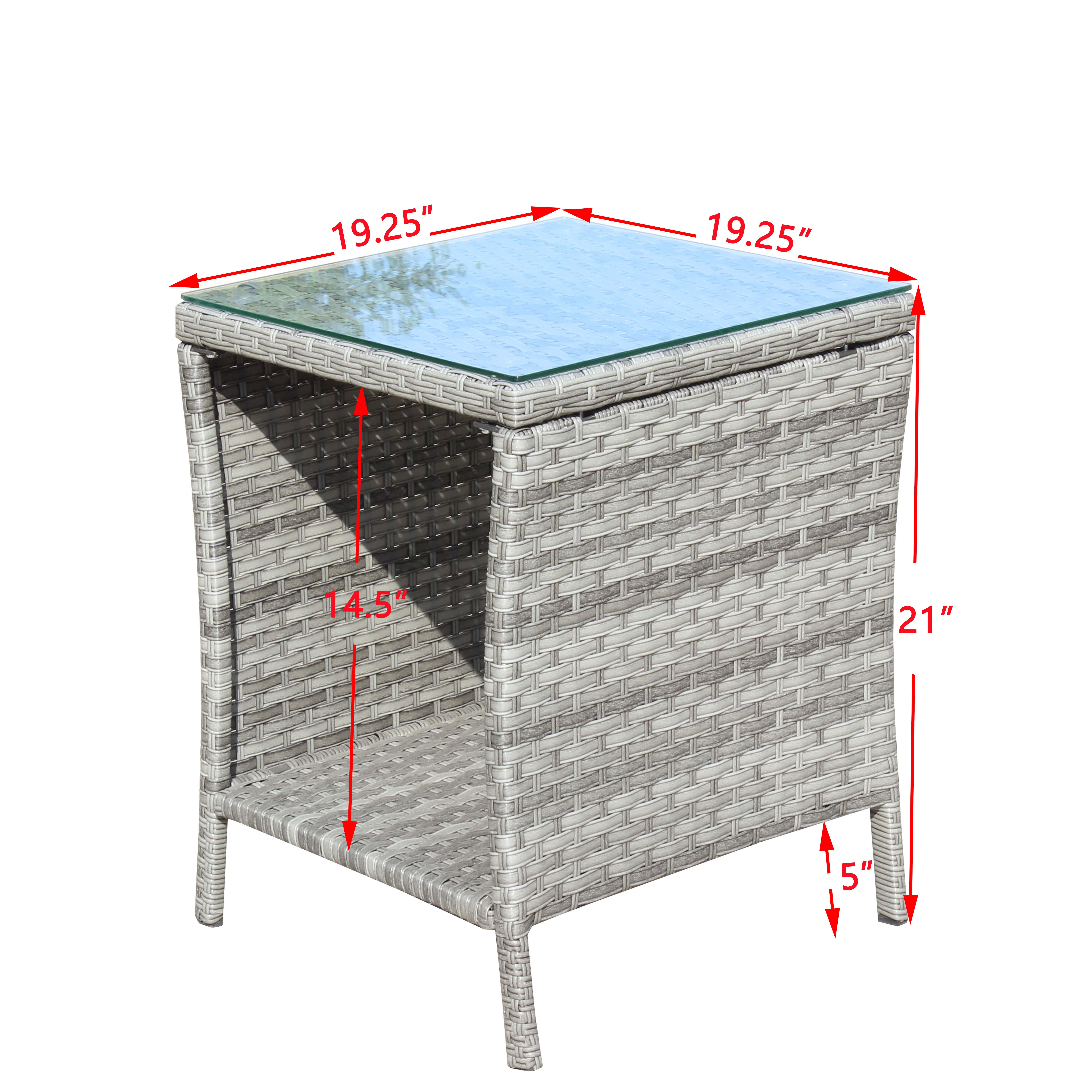 PE Rattan Outdoor Patio Coffee Table with 0.2 Inch Clear Tempered Glass Top, 19.25×19.25×21 Inch Steel Frame Side Table, 120LBS Weight Capacity Weather Resistant Garden Deck Table