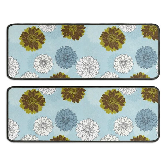 Geometric Flower and Dahlia Blue Anti Fatigue Kitchen Rugs Set Of 2, Non Slip Washable Decorative Floor Mats for Sink Laundry and Home Use, 17"x47"
