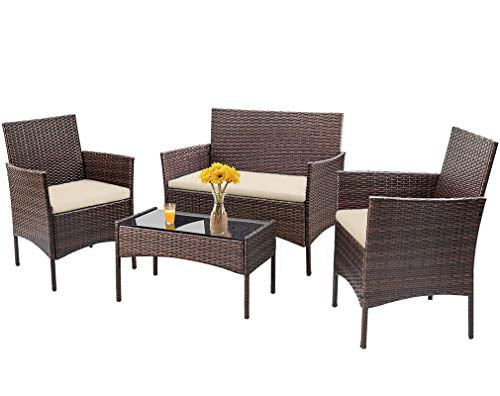 Fdw 4 Pieces Outdoor Patio Furniture Sets Rattan Chair Wicker Com - Brown Rattan Patio Furniture Set