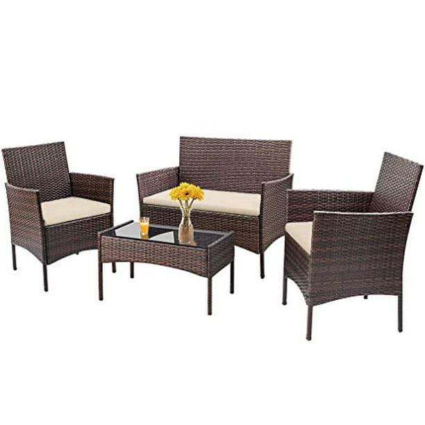 4 Pieces Outdoor Patio Furniture Sets Coffee Table Brown Com - Patio Rattan Furniture Set
