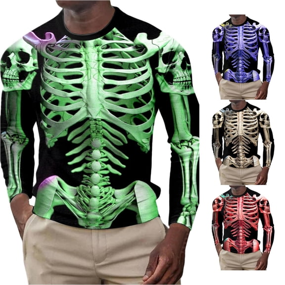 ZXLBBD Mens T Shirts Halloween Skeleton Print Long Sleeve Graphic Tee Crew Neck Slim Fit Theme Party T Shirts for Man Dailywear,Green,XL