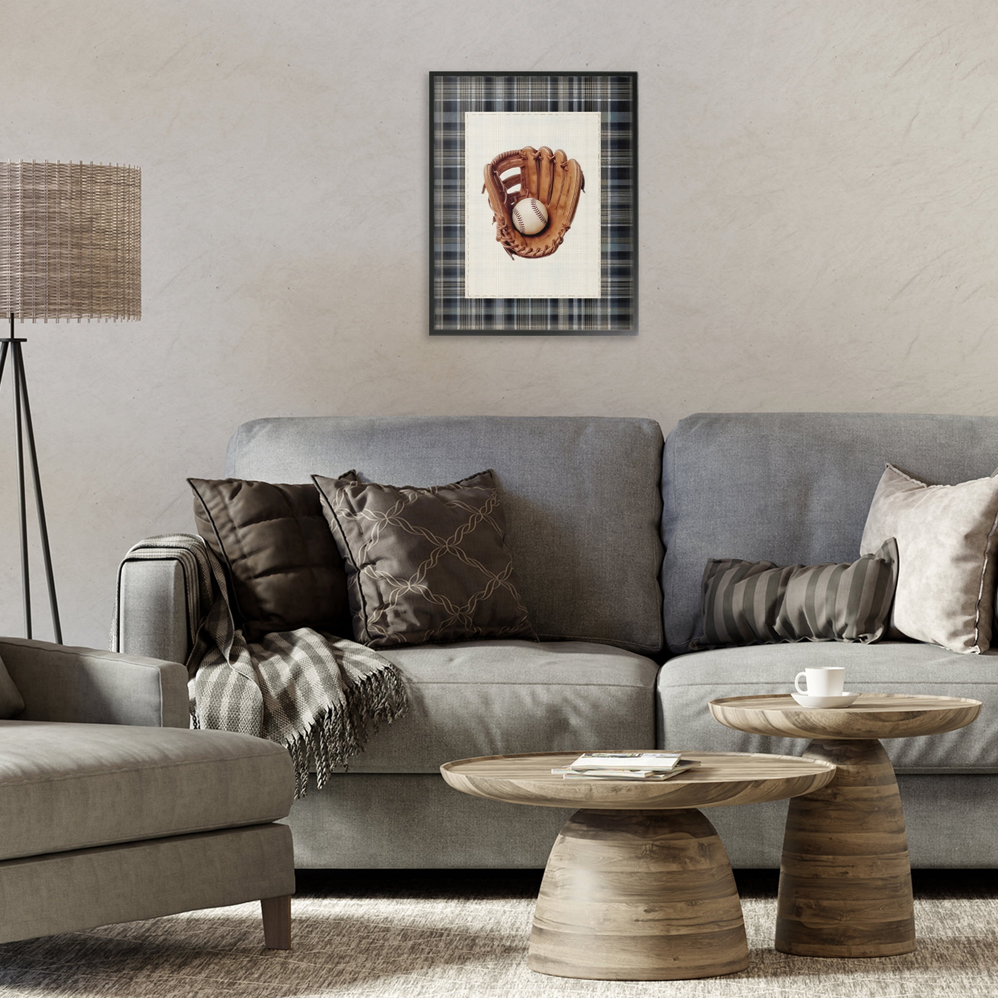 Stupell Industries Baseball Glove with Plaid Black Framed Giclee Art, design by Arlington Prints
