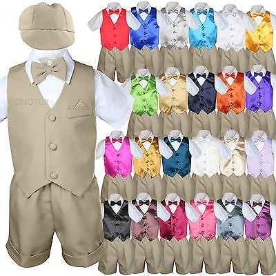 

Baby Boy & Toddler Formal Vest Shorts Khaki Suit Extra Vest Bow Tie 7pc Set S-4T