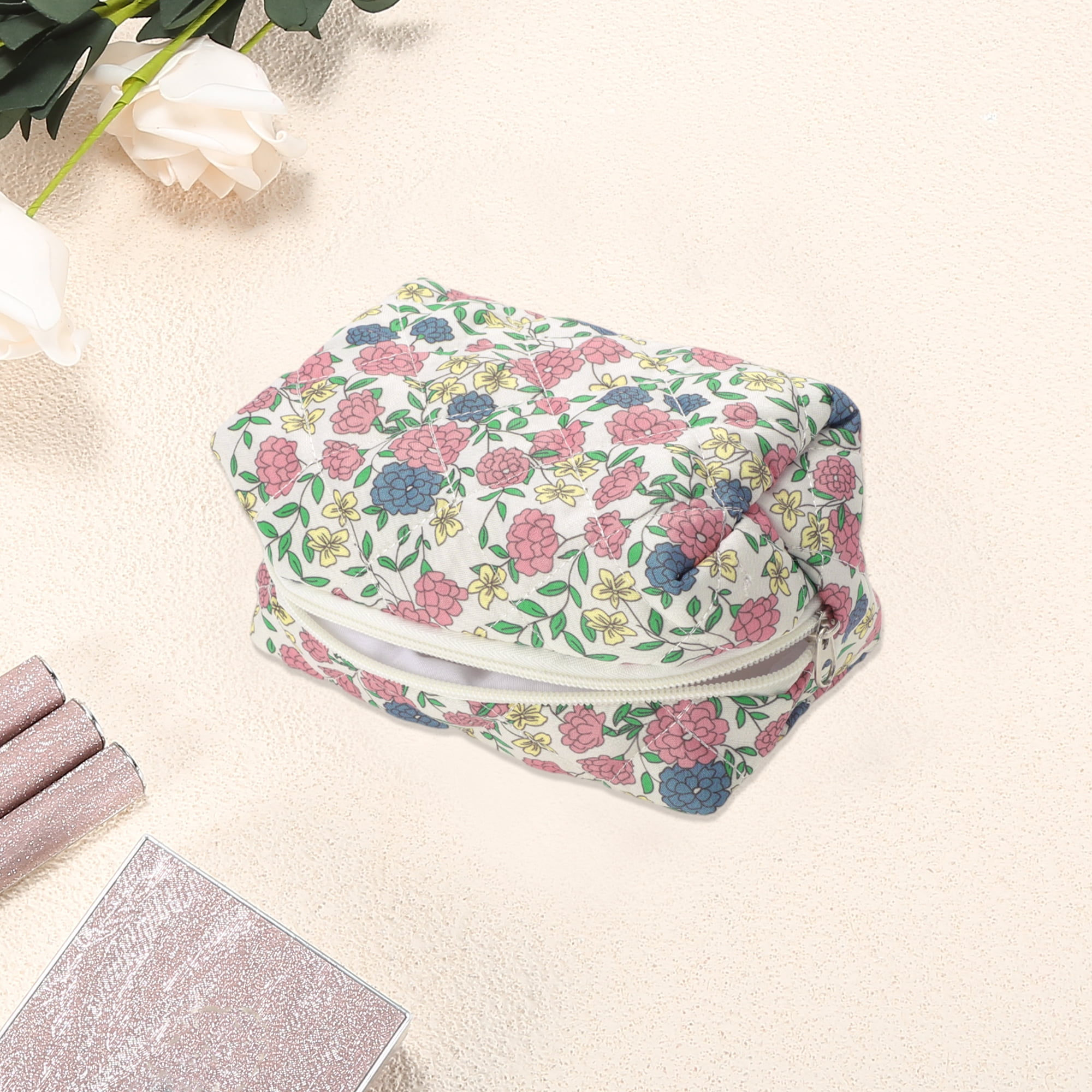 Unique Bargains Quilted Square Flowers Makeup Bag Multicolored for Travel and Storage