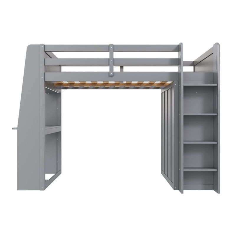 Full Size Wooden Loft Bed with Built-in Desk & Charging Station, Kids Storage Bed Frame with LED Light & Double Door Wardrobe