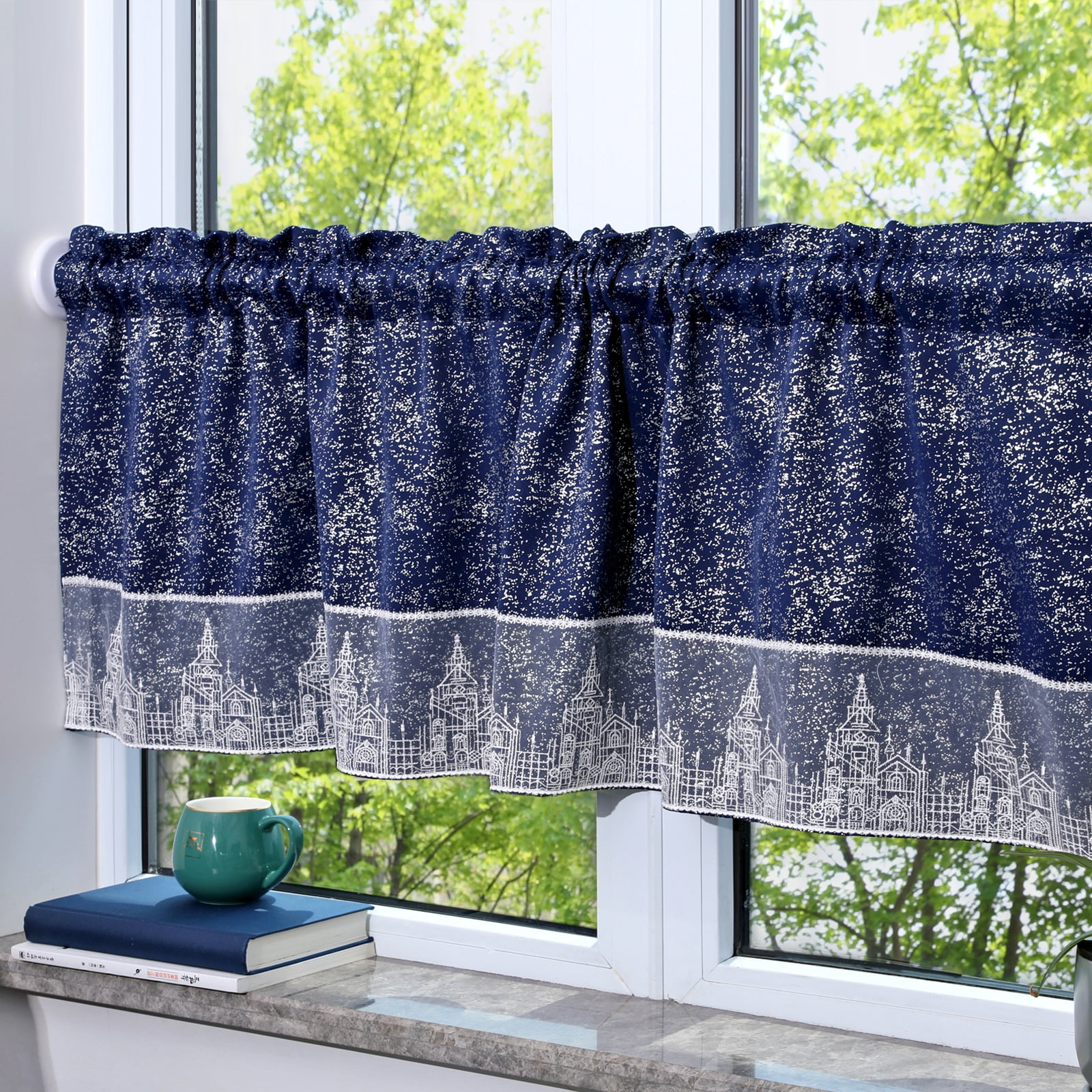 DONGPAI Blackout Short Curtains, Silver Stamping Rod Pocket Kitchen