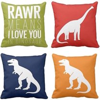 Set of 4 Throw Pillow Covers Dinosaur Tyrannosaurus in Rawr Brachiosaurus Prehistoric Paleontologist Decorative Pillow Cases Boys Room Home Decor Square 18x18 Inches Pillowcases