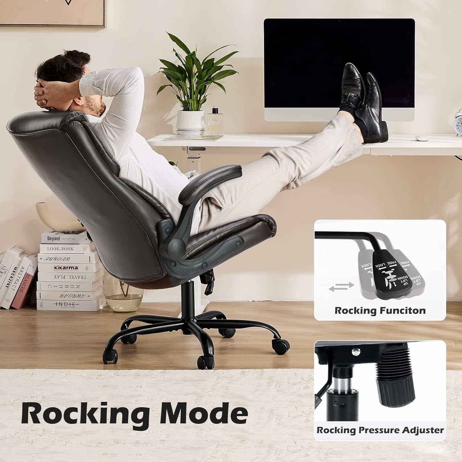 edx Computer Gaming Chair, Ergonomic High Back Heavy Duty Task Desk Office Chairs with Wheels, Flip-up Arms, Adjustable Height, PU Leather, Brown