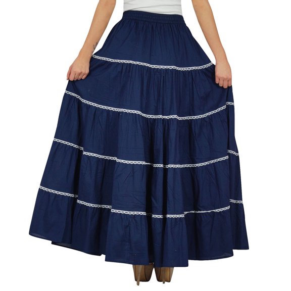 Bimba Womens Long Flaired Cotton Skirt Boho Maxi Bottoms Elastic Waist Clothing