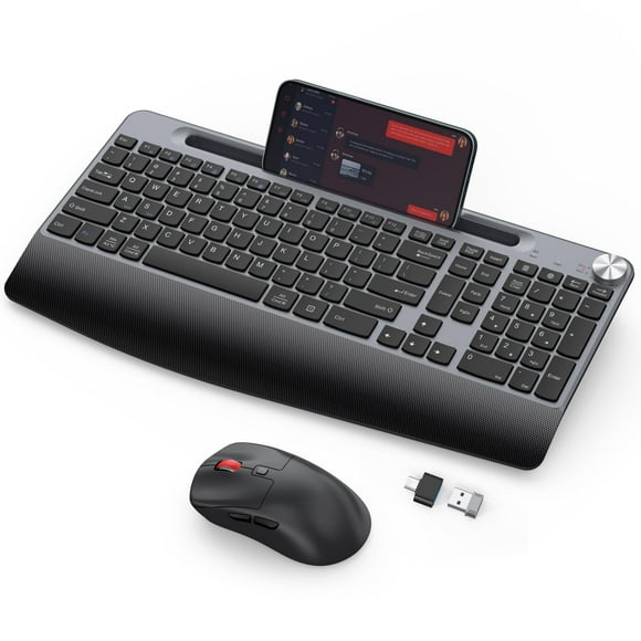 GAMCATZ Ergonomic Wireless Keyboard and Mouse with Wrist Rest,Phone Holder-2.4GHz Full-Sized Low-Profile Quiet Wireless Mouse and Keyboard Combo for C