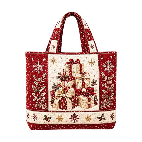 Christmas Quilted Tote Bag With Santa Print – Festive Reusable Shopping Handbag – Versatile Fashion Accessories for Women Holiday Party (16.93 Inches)